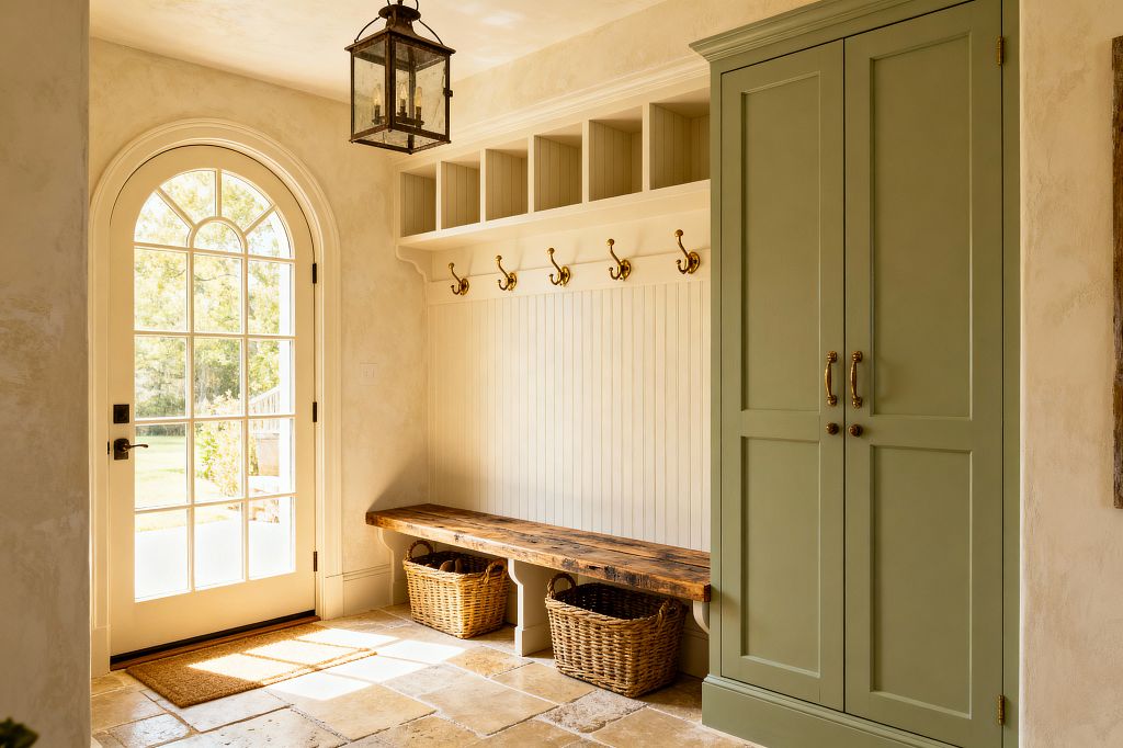 A sunlit mudroom features an arched, multi-pane French door beside a built-in bench with a rustic wood seat, white beadboard back, and brass double hooks beneath open cubbies. A tall sage-green cabinet with antique brass pulls stands to the right, woven baskets tuck under the bench, and tumbled limestone tiles, creamy plaster walls, a coir mat, and a glass-and-iron lantern pendant complete the relaxed French Country look.