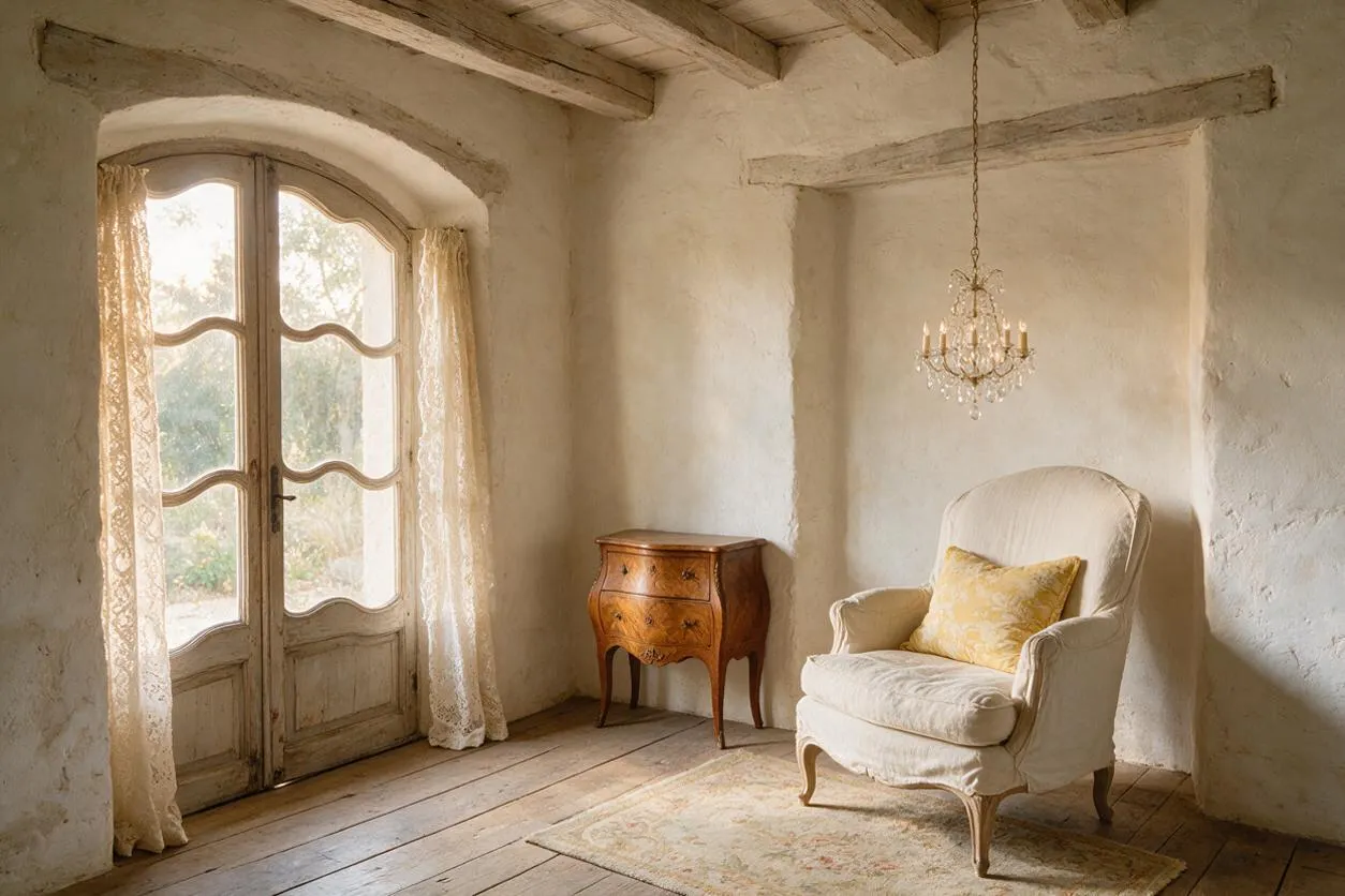 A French Country front porch or sitting nook with plaster walls, exposed wood beams, and wide plank wooden floors. An upholstered cream armchair with a yellow patterned pillow sits beside a small carved wooden chest, while a delicate crystal chandelier hangs overhead and lace curtains frame the arched glass doors.