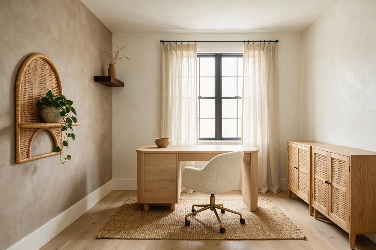 A serene home office with a light oak desk centered under a black-framed window, sheer curtains, and a cream swivel chair on a natural jute rug. Rattan wall decor, woven cabinet fronts, and a floating shelf with a vase and branches add organic texture to the neutral room.