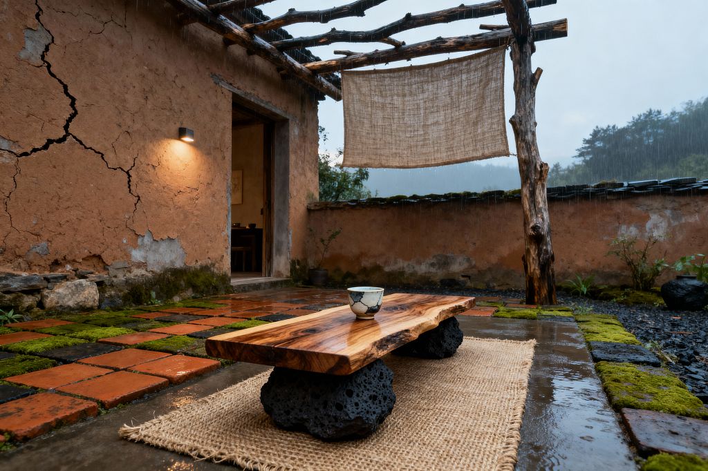 A small outdoor patio with weathered earthen plaster walls marked by cracks, a simple timber pergola strung with a coarse linen screen, and terracotta pavers threaded with moss, all wet from steady rain. At center sits a low live-edge wood table on porous volcanic stone bases over a jute rug, with a single ceramic tea cup and a warm wall sconce by an open doorway.