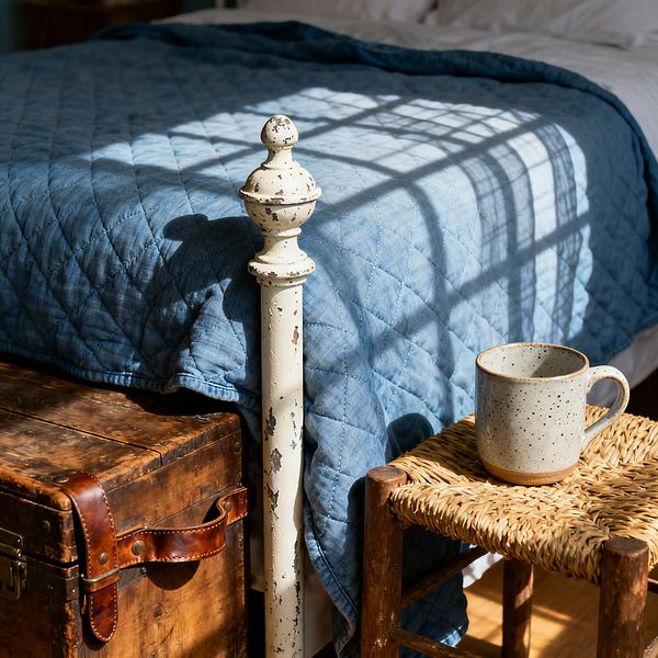 Close-up of a farmhouse bedroom corner with a chipped cream-painted iron bedpost beside a bed dressed in a quilted denim-blue coverlet and white sheets. A rustic wooden trunk with brass hardware sits at the foot of the bed, next to a small stool with a woven rush seat holding a speckled stoneware mug. Sunlight from a gridded window casts strong shadows across the quilt, highlighting the warm honey wood tones and the room’s cozy, timeworn character.