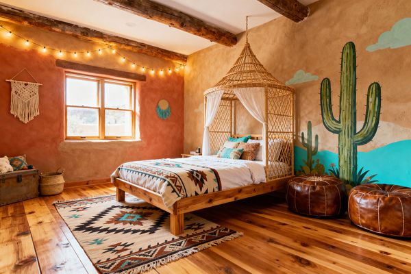 A Southwestern-inspired kids’ bedroom with terracotta and sand plaster walls, exposed wooden ceiling beams, and a large hand-painted cactus mural. A low pine platform bed sits beneath a woven rattan canopy with white sheers, layered with a geometric patterned blanket and rug on honey-toned wood floors; string lights, macramé wall hangings, wicker storage, turquoise-accented pillows, and two brown leather poufs complete the cozy desert setting.