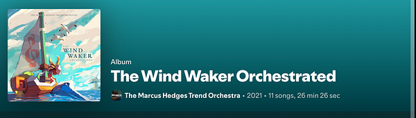The image displays the album cover and details for 'The Wind Waker Orchestrated' by The Marcus Hedges Trend Orchestra.