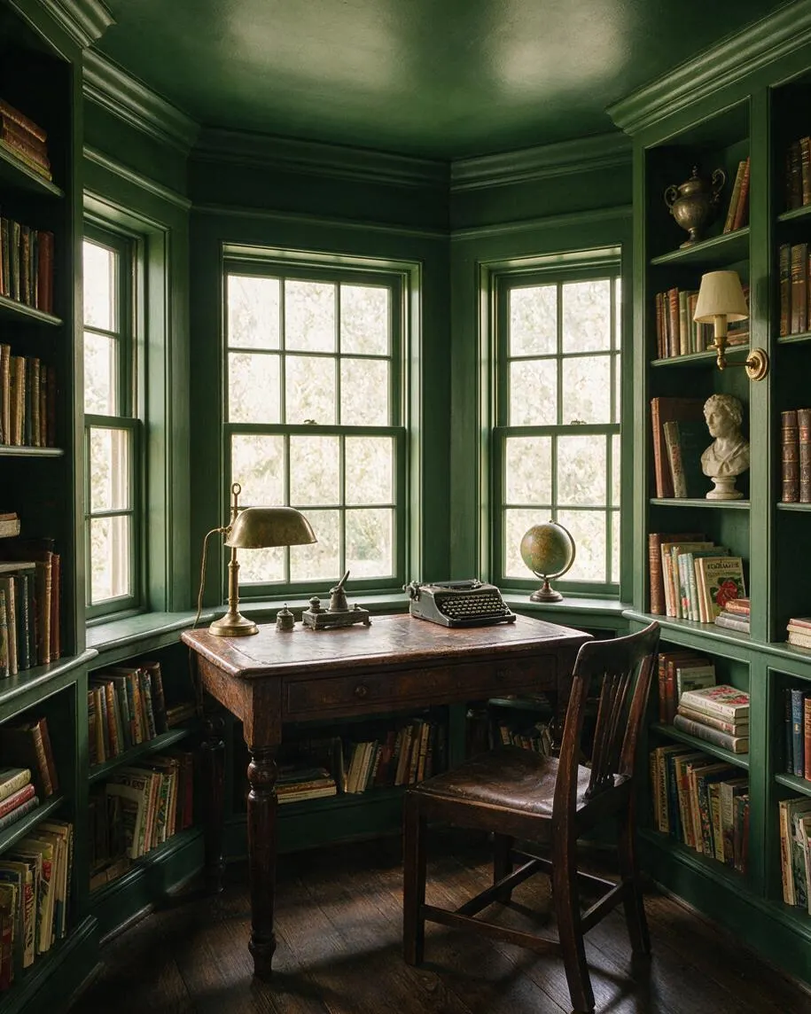 A small sunroom styled like a dark academia study, with deep green paneled walls, built-in bookshelves filled with old books, and three tall multi-pane windows bringing in soft daylight. A worn wooden desk sits in the center with a brass lamp, typewriter, globe, and a simple wooden chair, creating a scholarly, vintage atmosphere.