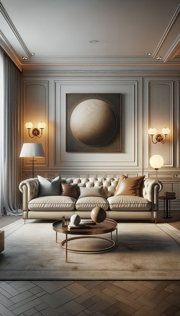 an elegant living room featuring a leather tight-back sofa, with clean lines and a sophisticated atmosphere
