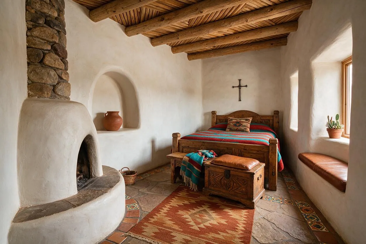 A cozy Southwestern guest bedroom with white stucco walls, exposed log ceiling beams, and a rounded kiva-style fireplace made of stucco and stone. A wooden bed with a striped woven blanket sits against the back wall, with a carved chest at the foot, terracotta accents, a small cactus by the window, and patterned tile details along the stone floor.