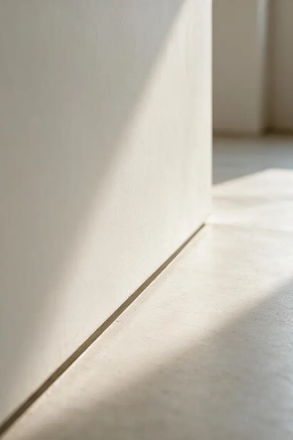 A close-up view of a minimalist interior showing a smooth light beige plaster wall meeting a pale floor at a narrow shadow gap. Soft sunlight creates gentle diagonal highlights across the surface, emphasizing clean lines, subtle texture, and a calm neutral palette.