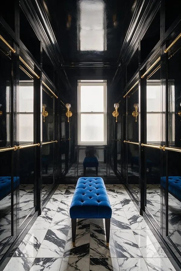 A narrow Hollywood Regency closet with glossy black mirrored cabinetry, polished brass hanging rods and wall sconces, and a blue velvet tufted bench centered on a black-and-white marble floor. A window at the far end brings in soft natural light, enhancing the dramatic, luxe atmosphere.