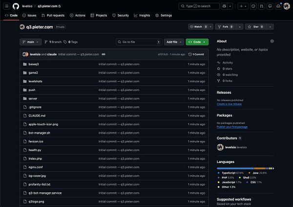 Screenshot of a code repository interface on GitHub showing file structure and a 'README.md' file with instructions about Q3.pieter.com project.