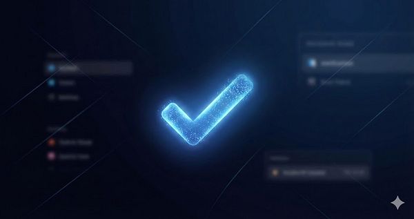 A glowing blue checkmark is prominently displayed against a dark background, symbolizing verification or approval.