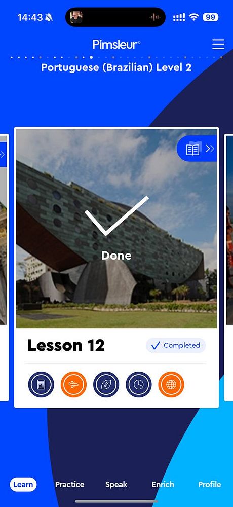 The image displays a completed lesson from the Pimsleur Portuguese language learning app.