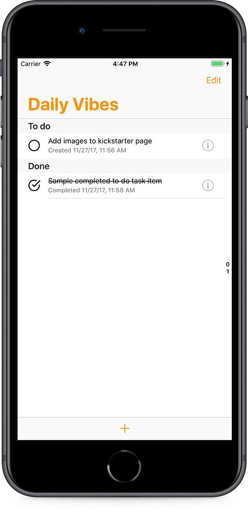 The image shows a to-do list app interface on a smartphone displaying tasks under 'Daily Vibes'.