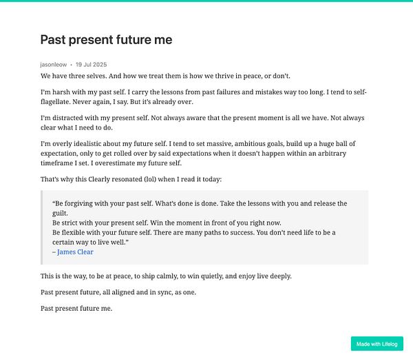 The image features a reflective blog post discussing the relationship between past, present, and future selves.