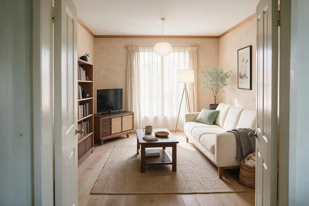 The same Japandi living room in the Clay and Walnut palette: clay, rice paper, walnut, sage, and charcoal