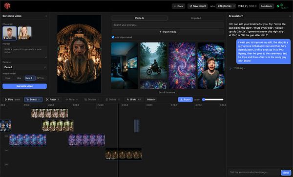 Screenshot of a video editor interface showing an AI agent sidebar for full control features.