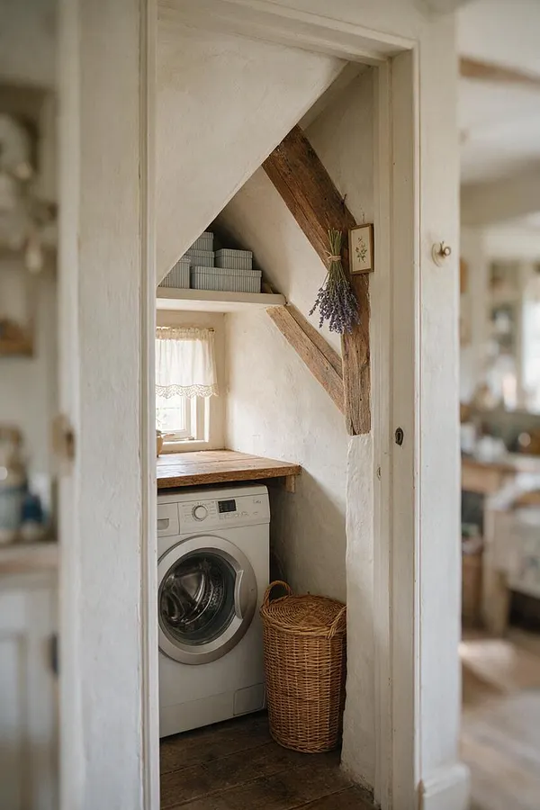 A narrow cottage-style laundry nook with white plaster walls, exposed rustic wooden beams, and a compact front-loading washing machine tucked under a wooden countertop. A wicker laundry basket sits on the dark wood floor, while a small lace-curtained window and shelf of storage boxes add a soft, handcrafted feel.