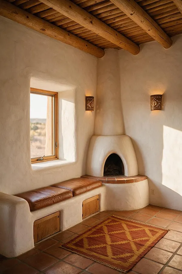 A Southwestern front porch with smooth adobe-style plaster walls, exposed wood ceiling beams, and a built-in curved corner fireplace. A long bench with leather cushions sits beneath a small wood-framed window, and warm terracotta tile flooring is softened by a geometric woven rug.
