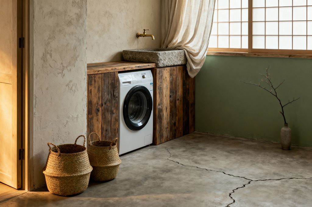 A serene laundry room features a front-loading washing machine built into rustic reclaimed-wood cabinets beside a rough stone sink with a brass wall-mounted faucet. Diffused daylight passes through wood-framed shoji screens and a draped linen curtain, highlighting textured plaster walls, a sage green lower wall, a cracked concrete floor, two woven baskets near the doorway, and a simple clay vase holding a single bare branch.