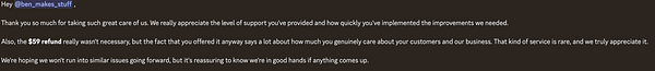 Screenshot of a messaging conversation between a customer and a service provider regarding a refund due to downtime.