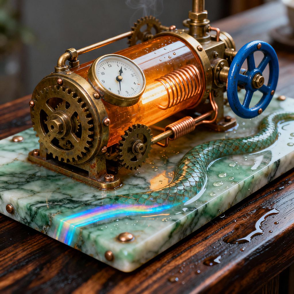 Close-up of a steampunk kitchen apparatus featuring an amber glass boiler with coiled copper tubing, flanked by exposed brass gears, a white-faced pressure gauge, and a cobalt blue handwheel. The machine rests on a polished green marble slab with a serpentine inlay and copper rivets, water droplets and a faint rainbow catching the light atop a dark wood countertop, with a wisp of steam rising against a softly blurred background.
