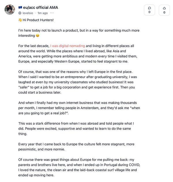 A digital nomad shares their experiences and reflections on entrepreneurship in a Product Hunt AMA post.