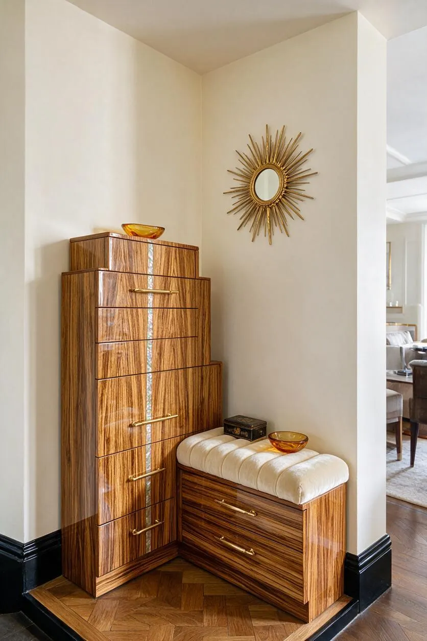 A compact Art Deco entryway features a tall striped wood cabinet with brass handles beside a matching cushioned bench in cream upholstery. A gold sunburst mirror hangs above, with amber glass bowls adding warmth against soft beige walls and dark baseboards.