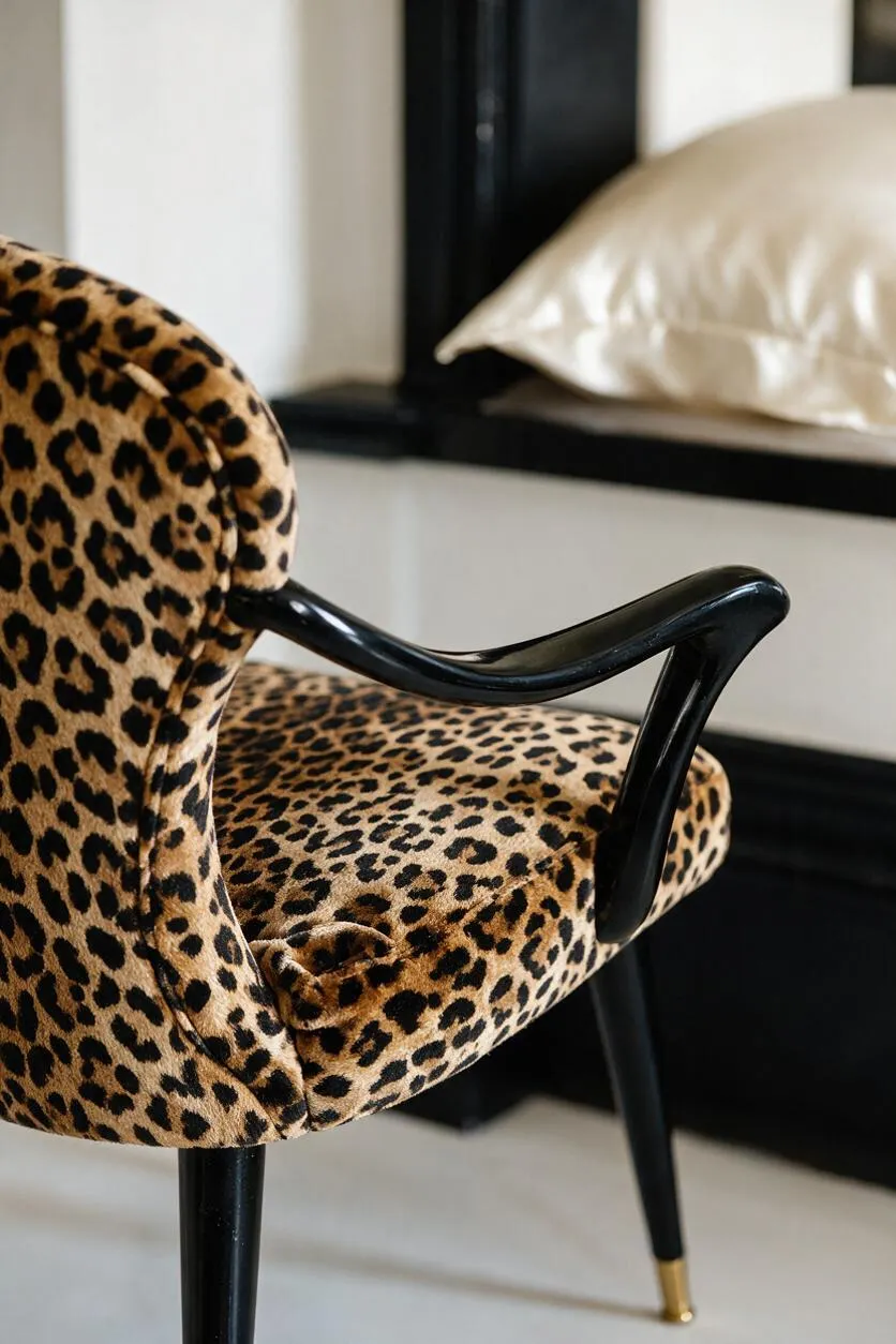 A close-up of a Hollywood Regency accent chair upholstered in leopard-print velvet with a rounded back, cushioned seat, and glossy black curved arms. The chair has slender black legs tipped with brass, set against a black-and-white interior with a cream satin pillow in the background.