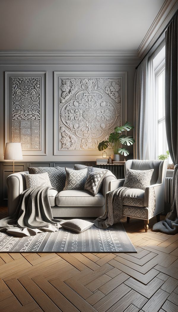 A cozy living room scene, with a sofa and an armchair draped in stylish slipcovers, complementing the room's decor.