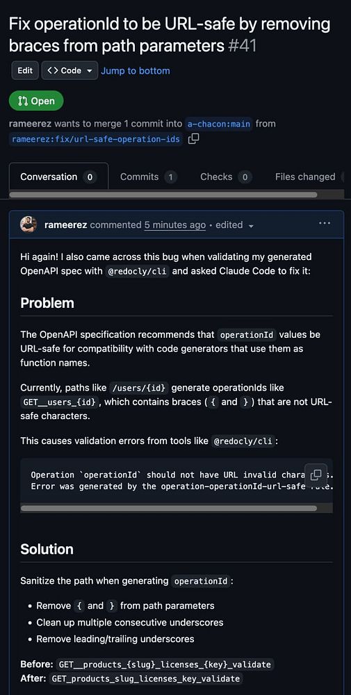 Screenshot of a GitHub pull request page showing a bugfix commit with code differences in Ruby and a merged status.