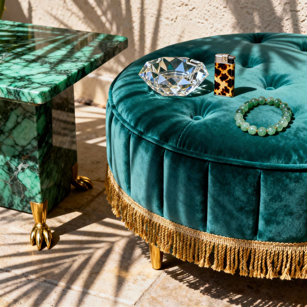 Close-up of an outdoor patio vignette featuring a round emerald-green velvet tufted ottoman with bullion fringe and brass legs. On top rests a faceted crystal dish, a jade beaded bracelet, and a tortoiseshell-patterned lighter. Beside it, a polished green marble side table with brass claw feet sits on warm travertine tiles. Sunlight casts palm leaf shadows across the stone and a pale stucco wall, creating a glamorous, vintage-inspired scene.