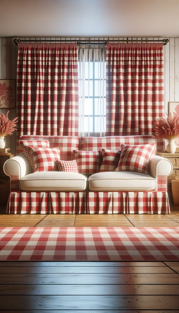 A cozy farmhouse-style living room with a large sofa covered in red and white gingham upholstery, with matching gingham curtains in the background.