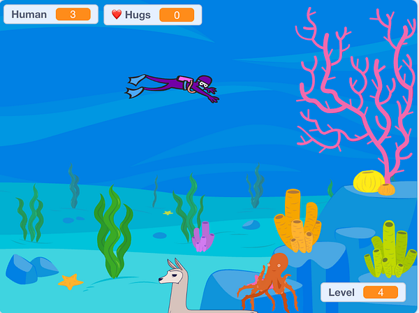A colorful underwater scene featuring a diver, an octopus, and various marine plants.