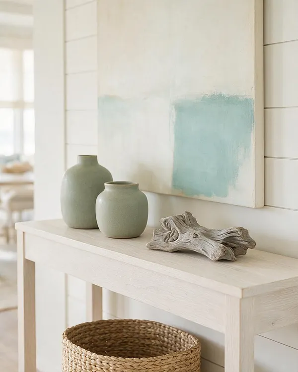 A bright coastal vignette with a pale wood console table styled with two soft sage ceramic vases and a piece of driftwood. Above it hangs an abstract cream and aqua painting, while a woven basket sits below, adding natural texture to the airy space.