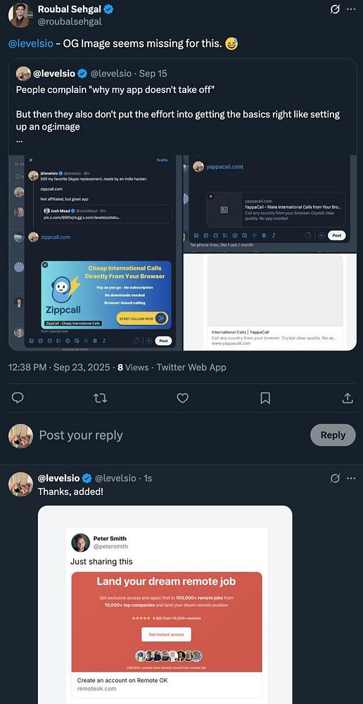 A Twitter conversation discussing the importance of setting an OG image for a web page.