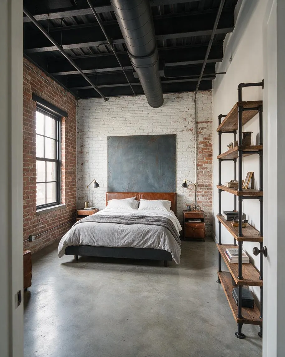 A master bedroom with a low bed centered against a white painted brick wall, topped by a large muted abstract artwork. Exposed brick side walls, a black open ceiling with ductwork, and a concrete floor create an industrial loft feel, while wood-and-metal shelving and leather nightstands add warmth.
