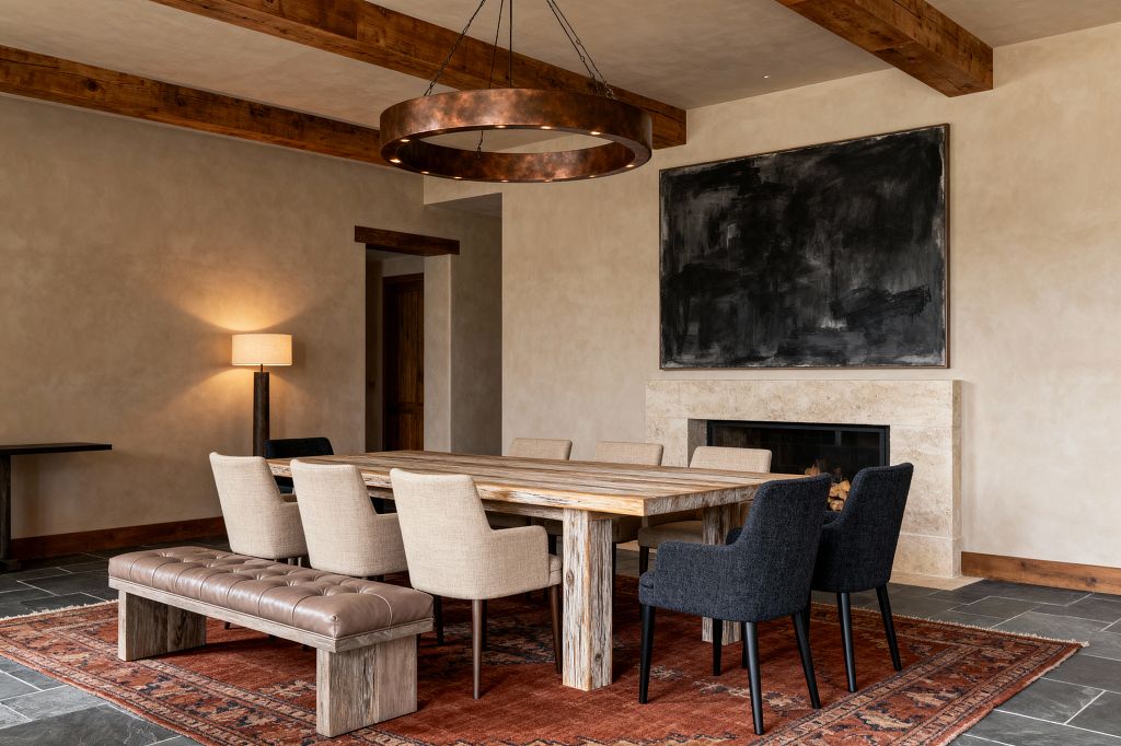 A Transitional dining room with a long reclaimed-wood table surrounded by beige and charcoal upholstered chairs, plus a tufted taupe leather bench on one side. Warm plaster walls, exposed ceiling beams, a copper ring chandelier, and a travertine fireplace beneath a large black abstract painting sit over a terracotta vintage rug on dark slate floors, creating a refined yet rustic atmosphere.
