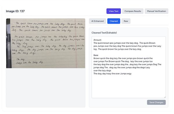 The image displays handwritten text alongside a digital interface for text editing and comparison.