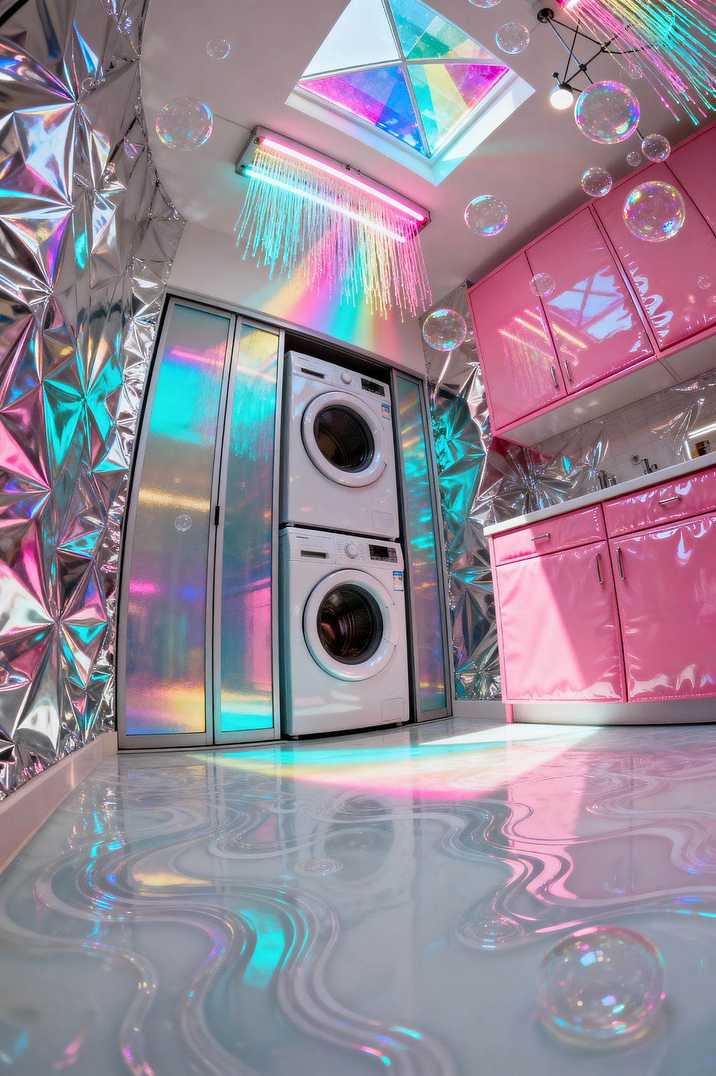 A futuristic laundry room shows a stacked white washer and dryer set inside iridescent panels, with faceted silver metallic walls reflecting rainbow light. High‑gloss bubblegum pink cabinets flank a white countertop and small tile backsplash. A prismatic skylight and neon fixture with fiber‑optic strands cast multicolored glows. The glossy epoxy floor has swirling pearlescent patterns, and floating soap‑bubble accents heighten the playful, psychedelic atmosphere.
