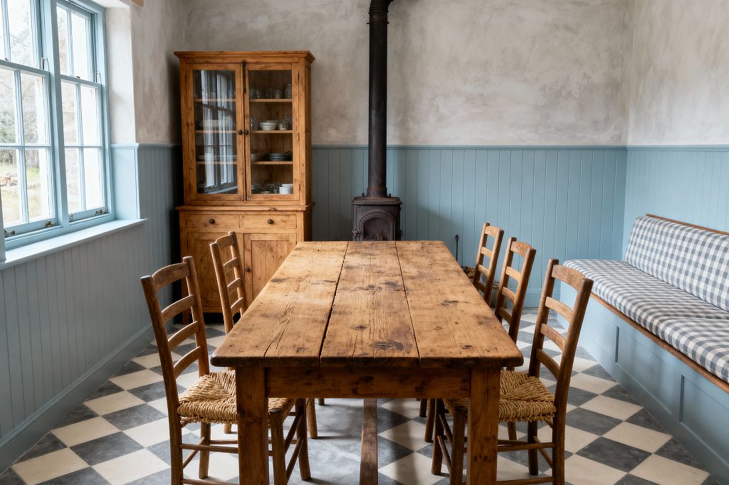 A farmhouse dining room features a long pine plank table with ladder-back chairs and rush seats, a built-in bench with a blue-and-white gingham cushion, and a black cast-iron wood stove centered on the back wall. Duck-egg beadboard wainscoting and matching window trim contrast with limewashed plaster above, while a cream-and-charcoal checkerboard tile floor and a pine glass-front hutch complete the scene.