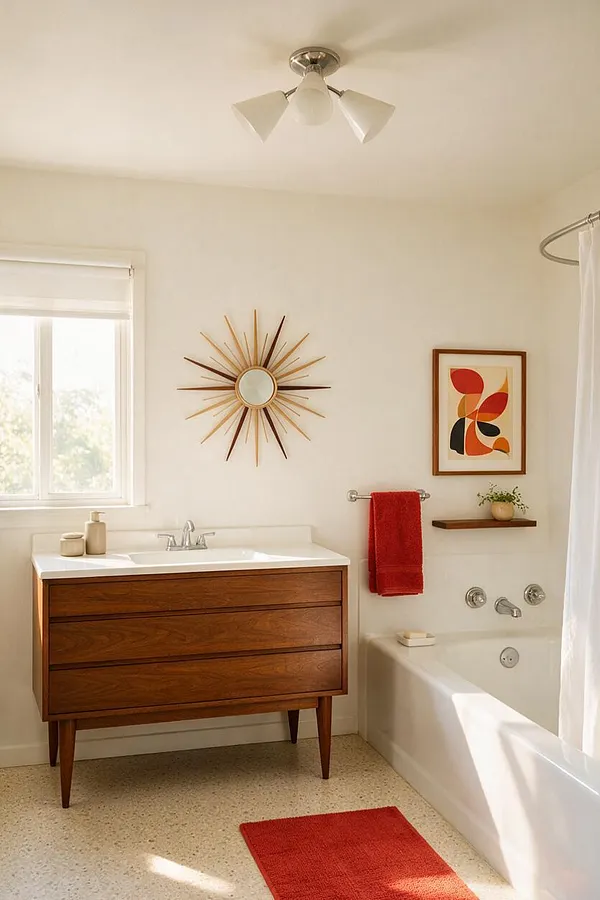 A bright master bathroom with a walnut mid-century vanity, white countertop, and a sunburst mirror centered above it. The space includes a white bathtub, a red towel, abstract wall art, a small shelf with decor, and cream terrazzo-style flooring.