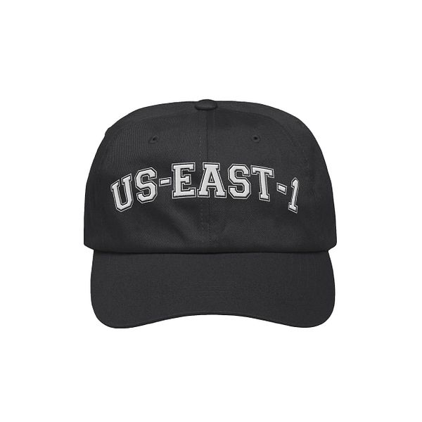 A black baseball cap featuring the text 'US-EAST-1' prominently displayed on the front.