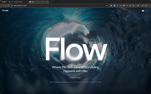 The image displays a webpage for Google's Veo platform featuring a swirling visual background and bold text.