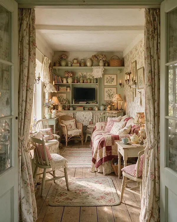 A narrow cottagecore media room with a small TV built into painted shelving, surrounded by floral wallpaper, lace accents, and shelves of books, jars, and dried flowers. Wicker and painted wooden chairs, a patchwork quilt on the sofa, soft lamps, and floral curtains create a warm, collected, vintage atmosphere.