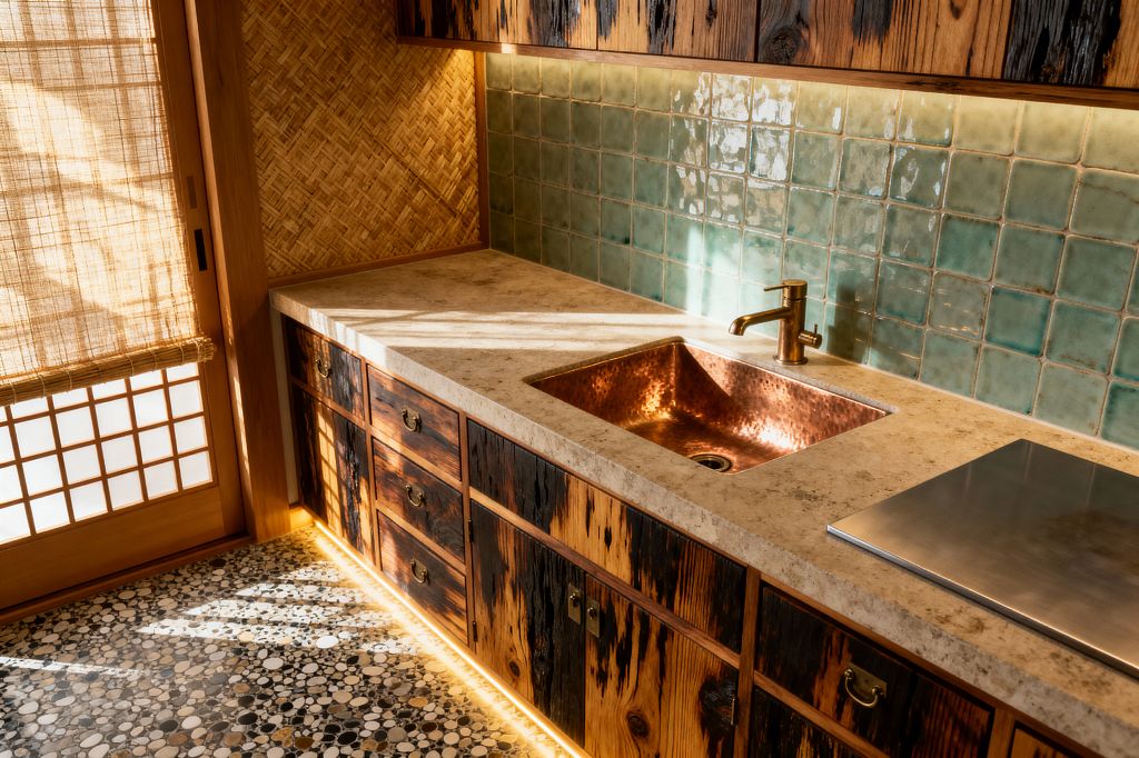 A sunlit Japanese Zen kitchen features a shoji sliding door, woven bamboo wall panel, and a light stone countertop with a hammered copper sink and brushed brass faucet. Charred cedar cabinets with brass ring pulls sit below celadon square tiles lit by warm undercabinet LEDs. A flush stainless cooktop and pebble terrazzo floor complete the natural palette, creating a quiet, tactile workspace with minimal ornament.