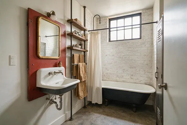 A compact master bathroom with industrial style features a red painted wall panel holding a small sink and gold-framed mirror, exposed pipe shelving, a black-and-white clawfoot bathtub with a white curtain, and white brick walls. A frosted window brings in natural light, while metal lockers and dark concrete flooring add a utilitarian feel.
