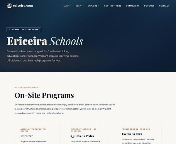 Map of Ericeira highlighting multiple educational facilities representing alternative education options.