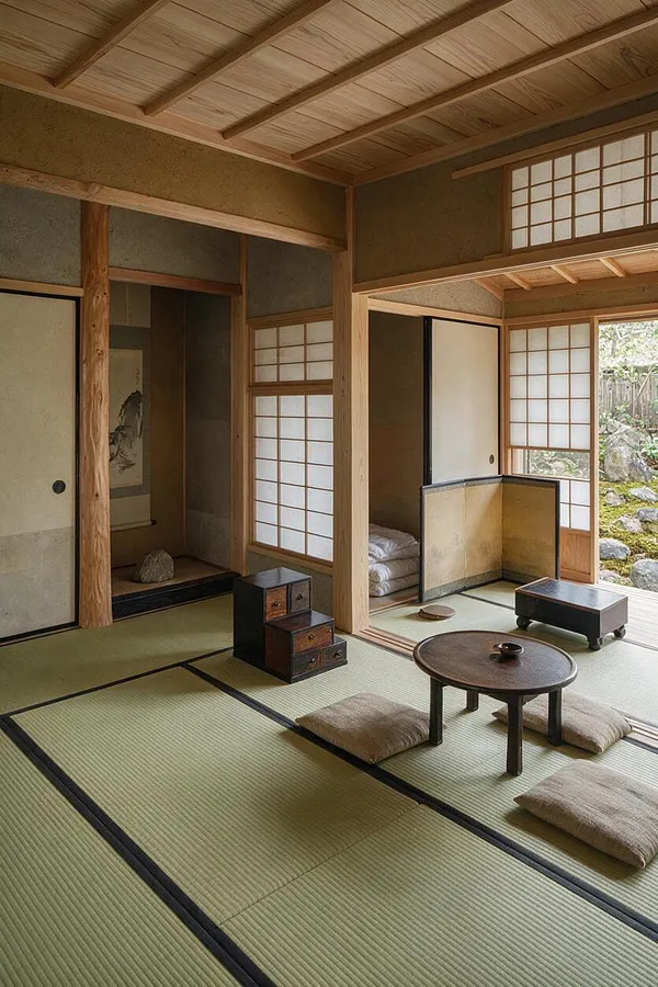 A serene Japanese Zen-style backyard room with tatami mat flooring, exposed wooden beams, shoji screens, and sliding doors opening to a small garden. Low dark wood tables and floor cushions create a calm tea room atmosphere with natural light and earthy tones.