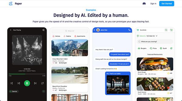 The image showcases a digital interface for a design tool called Paper, featuring various app examples including a music player, accommodation listings, and a messaging interface.