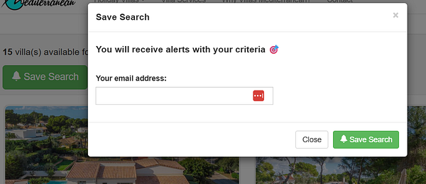 A modal window for the 'Save Search' feature on a real estate website.