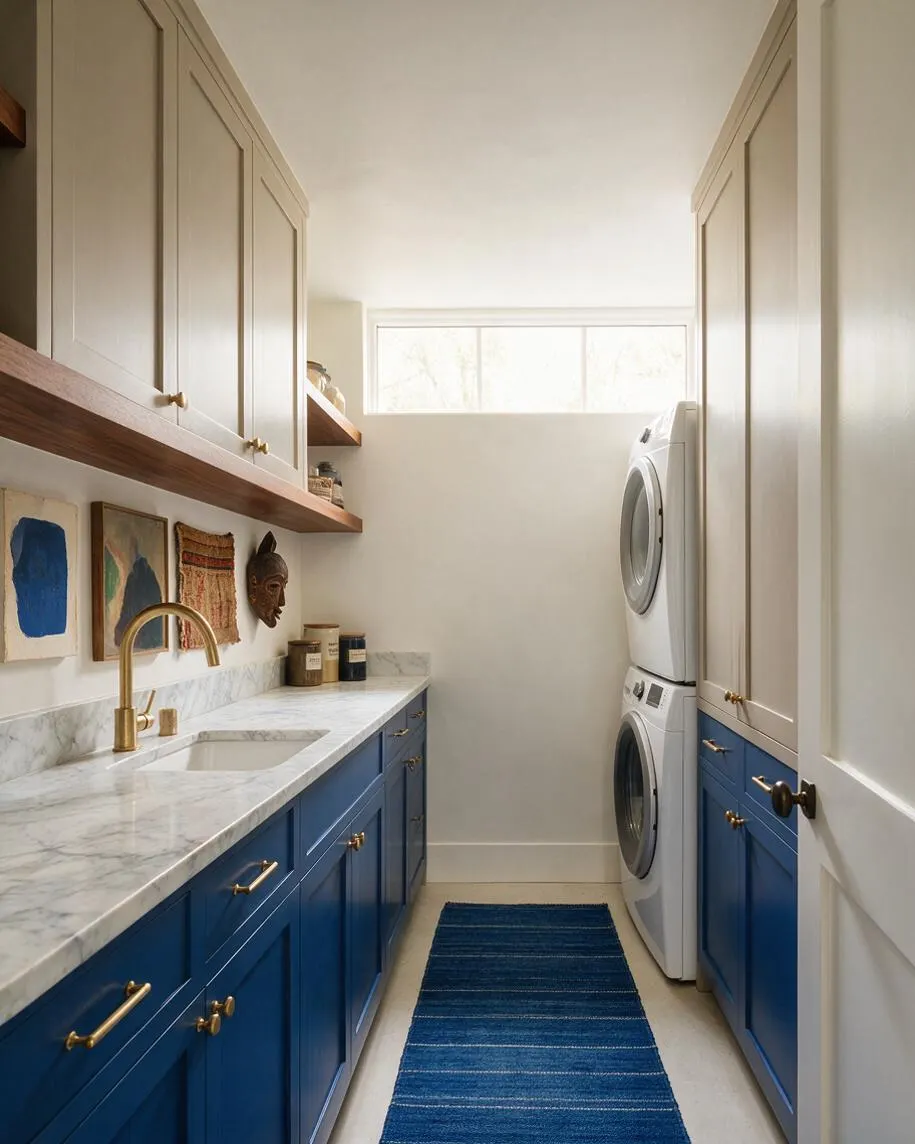 A narrow laundry room with stacked washer and dryer units at the far end, blue lower cabinets on both sides, cream upper cabinets, and a white marble countertop. Brass hardware, a brass faucet, open wood shelves, colorful wall art, and a deep blue runner add warmth and eclectic character.